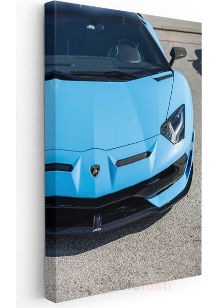 Lamborghini Aventador - Mavi Süper Spor Otomobil Ön Tasarım Kanvas Tablo modelleri