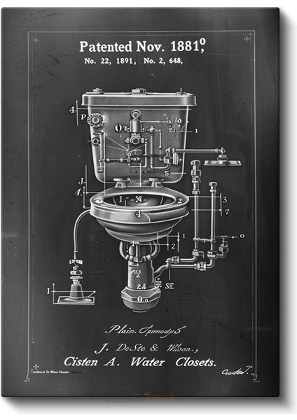 Tuvalet Mekanizması - 1881 Tarihli Detaylı Mühendislik Çizimi Kanvas Tablo fiyatları