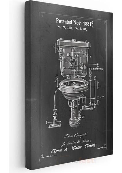 Tuvalet Mekanizması - 1881 Tarihli Detaylı Mühendislik Çizimi Kanvas Tablo modelleri