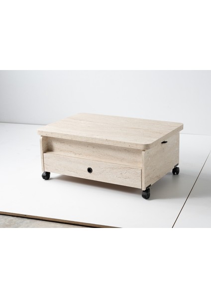 Akıllı Sehpa 5 Kademeli Sihirli Sehpa Fonksiyonel Orta Sehpa Açılabilr Sehpa Tekerlekli MASA106 60 x 90 Beyaz Mermer