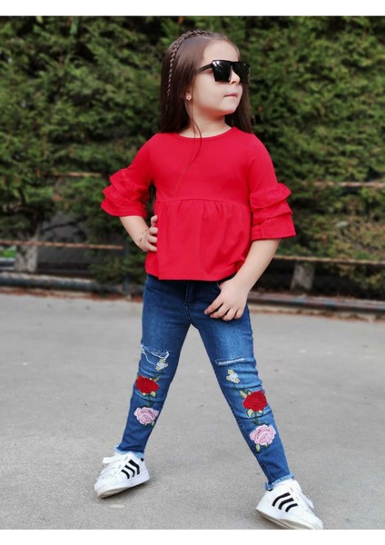 Kız Çocuk Bluz ve Çiçek Nakışlı Kot Pantolon 2 Parça Takım modelleri