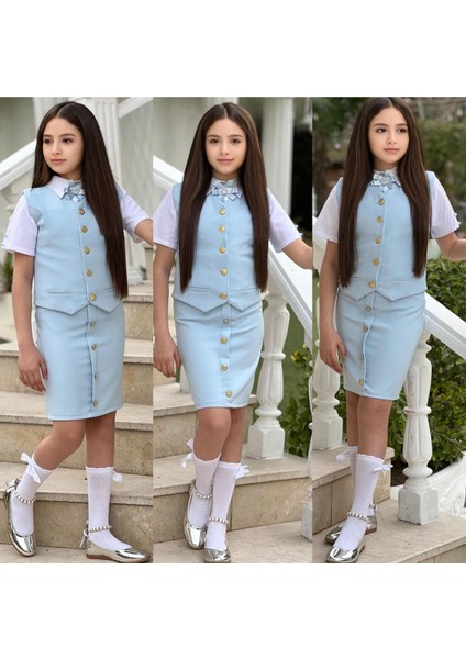 Kız Çocuk Gömlek-Etek-Ceket-Broş Bayramlık Alt Üst 4 Parça Takım
