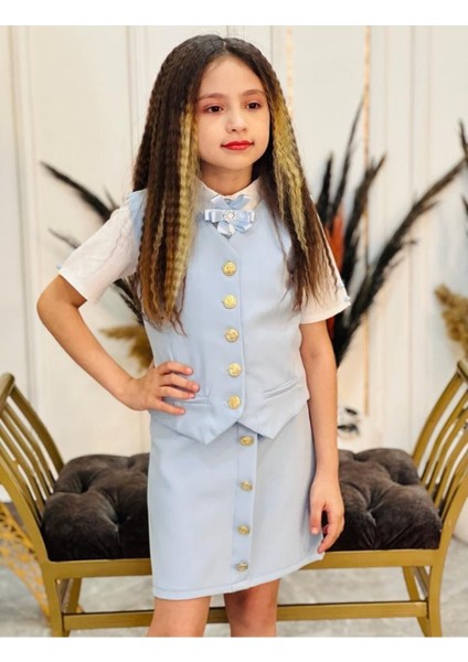 Kız Çocuk Gömlek-Etek-Ceket-Broş Bayramlık Alt Üst 4 Parça Takım