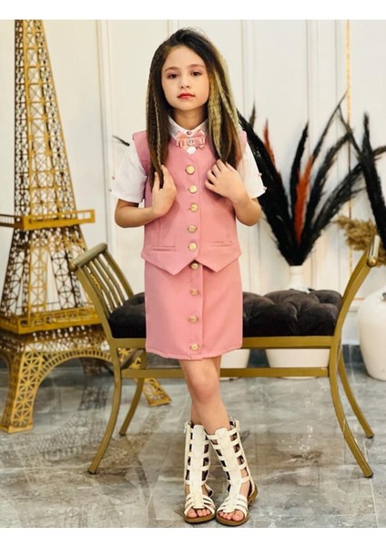 Kız Çocuk Gömlek-Etek-Ceket-Broş Bayramlık Alt Üst 4 Parça Takım