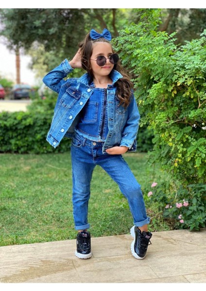 Kız Çocuk Kot Pantolon / Kot Ceket / Kot Bluz 3'lü Takım