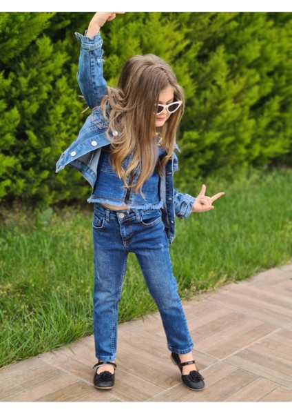 Kız Çocuk Kot Pantolon / Kot Ceket / Kot Bluz 3'lü Takım fırsatları