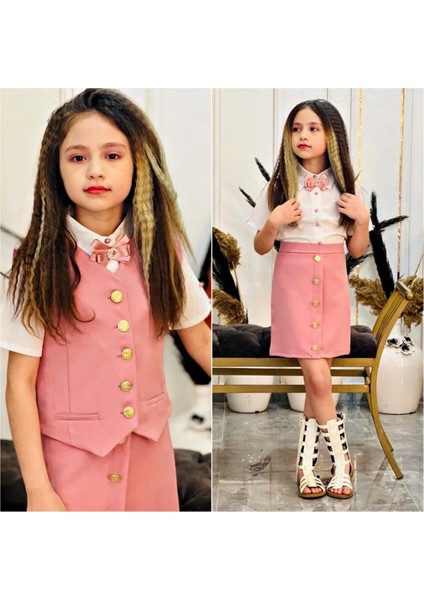 Kız Çocuk Gömlek-Etek-Ceket-Broş Bayramlık Alt Üst 4 Parça Takım