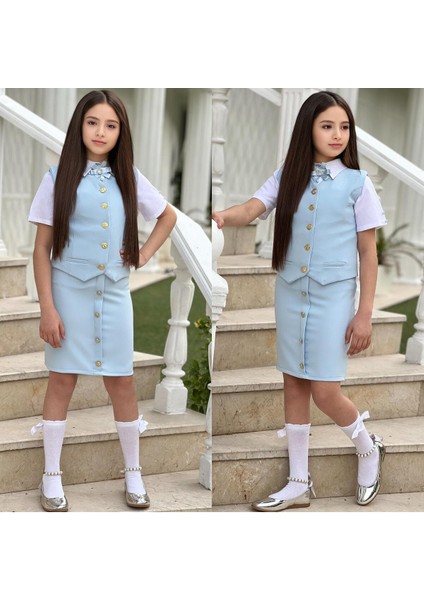 Kız Çocuk Gömlek-Etek-Ceket-Broş Bayramlık Alt Üst 4 Parça Takım modelleri