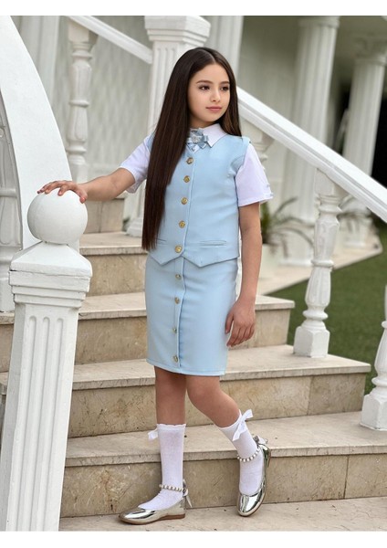 Kız Çocuk Gömlek-Etek-Ceket-Broş Bayramlık Alt Üst 4 Parça Takım indirimleri