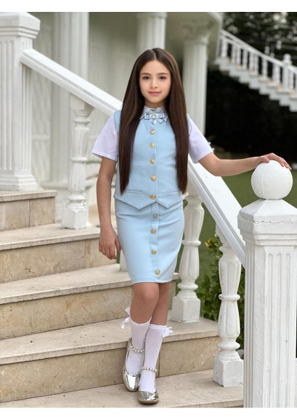 Kız Çocuk Gömlek-Etek-Ceket-Broş Bayramlık Alt Üst 4 Parça Takım