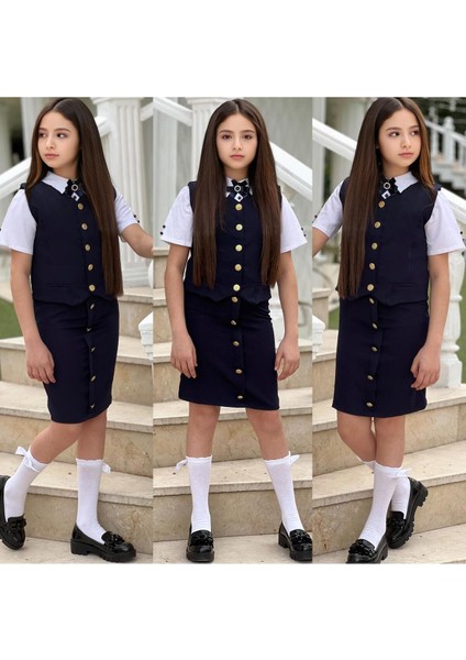 Kız Çocuk Gömlek-Etek-Ceket-Broş Bayramlık Alt Üst 4 Parça Takım