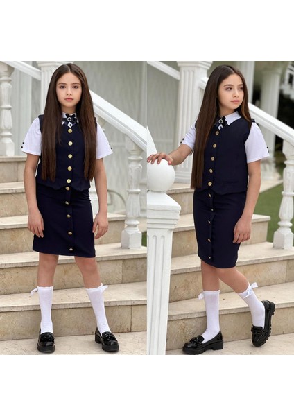 Kız Çocuk Gömlek-Etek-Ceket-Broş Bayramlık Alt Üst 4 Parça Takım