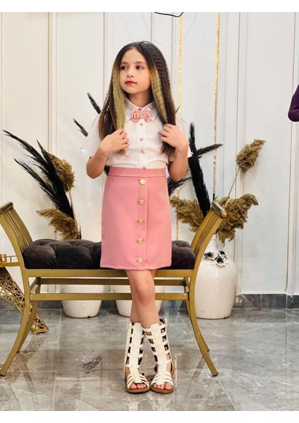 Kız Çocuk Gömlek-Etek-Ceket-Broş Bayramlık Alt Üst 4 Parça Takım fırsatları