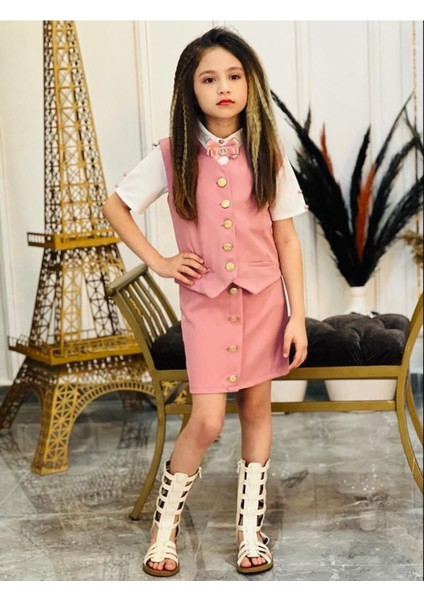 Kız Çocuk Gömlek-Etek-Ceket-Broş Bayramlık Alt Üst 4 Parça Takım