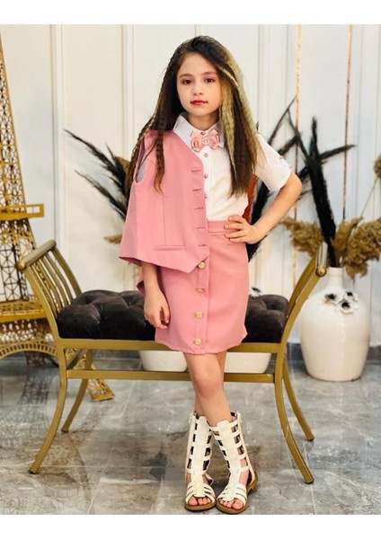 Kız Çocuk Gömlek-Etek-Ceket-Broş Bayramlık Alt Üst 4 Parça Takım