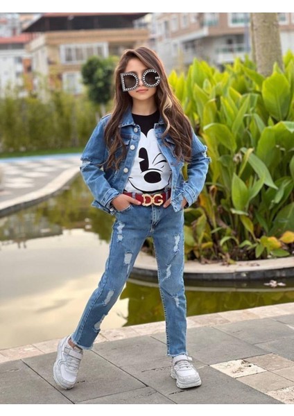Kız Çocuk Kot Pantolon / Kot Ceket / Badi 3 Parça Takım