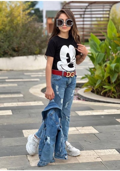 Kız Çocuk Kot Pantolon / Kot Ceket / Badi 3 Parça Takım