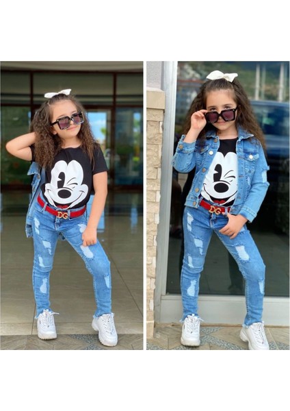 Kız Çocuk Kot Pantolon / Kot Ceket / Badi 3 Parça Takım