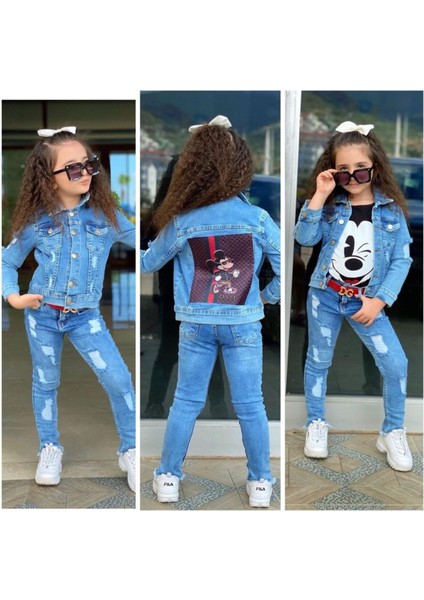 Kız Çocuk Kot Pantolon / Kot Ceket / Badi 3 Parça Takım