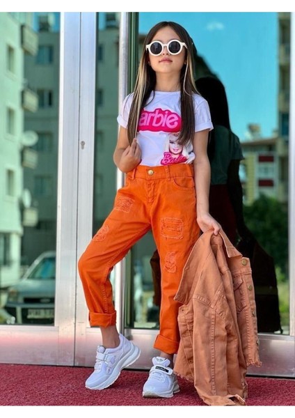 Kız Çocuk Kot Ceket / Kot Pantolon / Baskılı Tişört 3'lü Kombin - Bayramlık modelleri