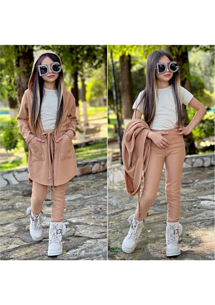 Kız Çocuk Kapüşonlu Hırka / Tayt / Kısa Kol Badi Fitilli 3'lü Takım