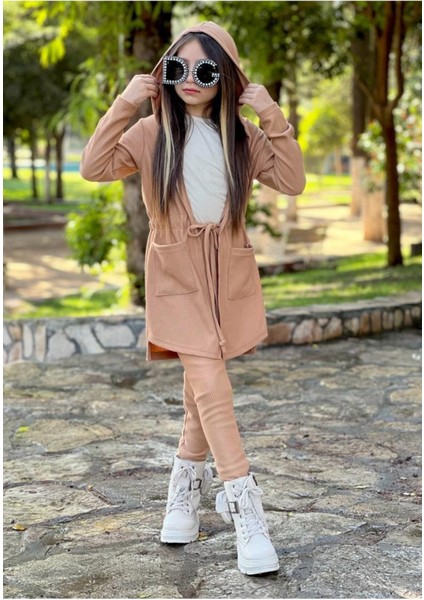 Kız Çocuk Kapüşonlu Hırka / Tayt / Kısa Kol Badi Fitilli 3'lü Takım fırsatları