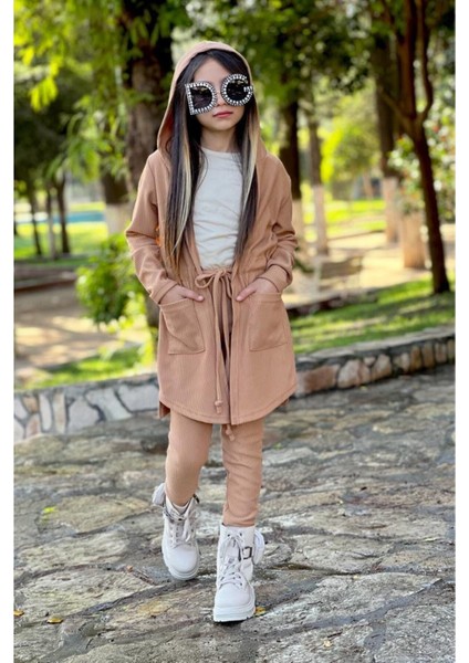 Kız Çocuk Kapüşonlu Hırka / Tayt / Kısa Kol Badi Fitilli 3'lü Takım indirimleri