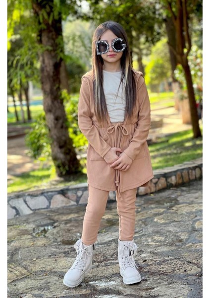 Kız Çocuk Kapüşonlu Hırka / Tayt / Kısa Kol Badi Fitilli 3'lü Takım