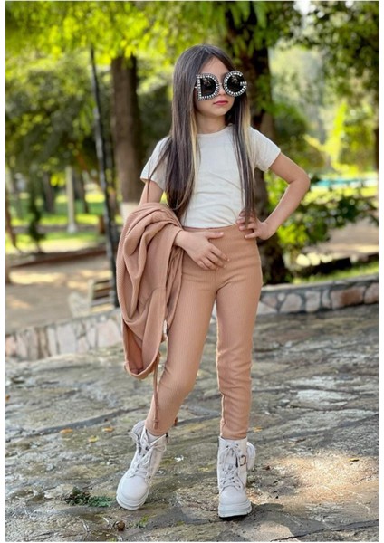 Kız Çocuk Kapüşonlu Hırka / Tayt / Kısa Kol Badi Fitilli 3'lü Takım