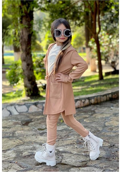 Kız Çocuk Kapüşonlu Hırka / Tayt / Kısa Kol Badi Fitilli 3'lü Takım