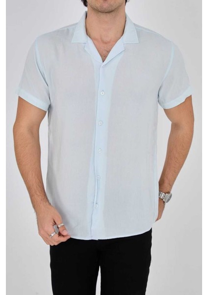 Mavi Renk Apaş Yaka Viskon Slim Fit Erkek Gömlek