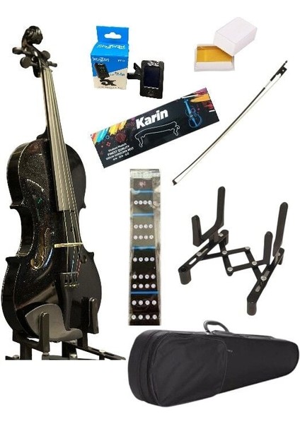 4/4 Tamboy Siyah Keman Seti (Keman-Çanta-Yay-Reçine-Stand-Yastık-Tuner-Nota Sticker)