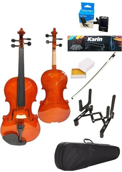 4/4 Tamboy Parlak Kahve Keman Seti (Keman-Çanta-Yay-Reçine-Stand-Yastık-Tuner)