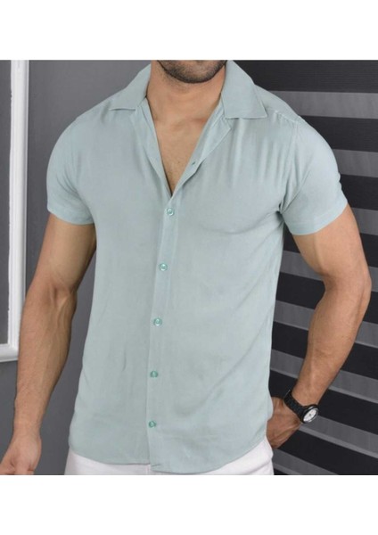 Yeşil Renk Apaş Yaka Viskon Slim Fit Erkek Gömlek