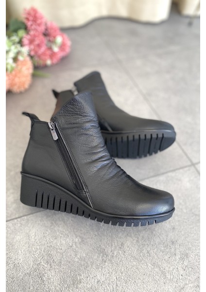 Hakiki Deri Siyah Ortopedik Taban Dolgu Topuk Kadın Bot TMD202523 fiyatları
