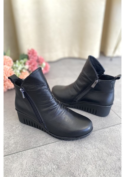 Hakiki Deri Siyah Ortopedik Taban Dolgu Topuk Kadın Bot TMD202523 modelleri