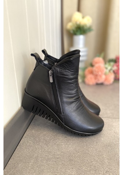 Hakiki Deri Siyah Ortopedik Taban Dolgu Topuk Kadın Bot TMD202523 fırsatları