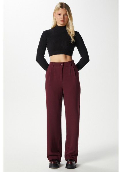 Likra Serisi Flex Bel Lastikli Esnek Bordo Palazzo Pantolon