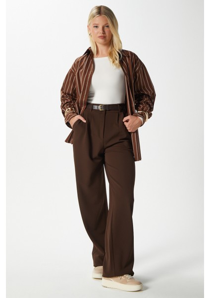 Likra Serisi Flex Bel Lastikli Esnek Kahverengi Palazzo Pantolon