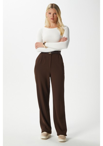 Likra Serisi Flex Bel Lastikli Esnek Kahverengi Palazzo Pantolon fırsatları