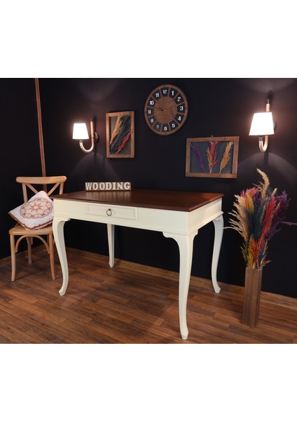 110 cm Çekmeceli Masif Krem Ceviz Çalışma Masası