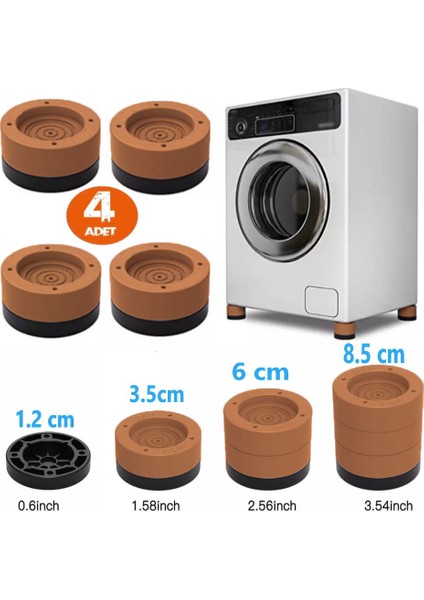 Beyaz Eşya Ayağı Çamaşır Makinesi Mobilya Titreşim Önleyici Kaydırmaz 8.5 cm Yükseltici 4 Lü Kahverengi