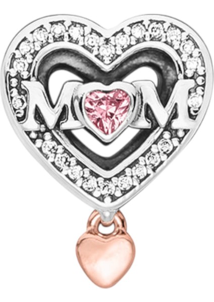 Iki Renkli Pembe Taşlı Anne Kalbi Charm | 925 Ayar Gümüş