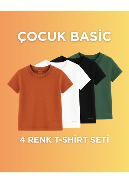 Çocuklar Için 4 Renk Tişört Seti – %100 Pamuk – Siyah Beyaz Yeşil Kiremit