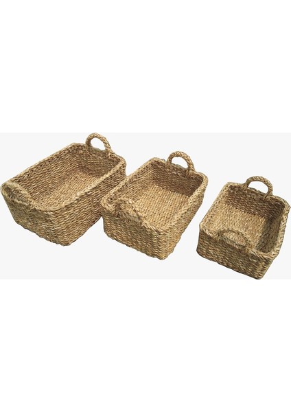Doğal Hasır Örgü Sepet Seti 3’lü – Dekoratif ve Çok Amaçlı Saklama Sepeti, El Örgüsü, Kulplu