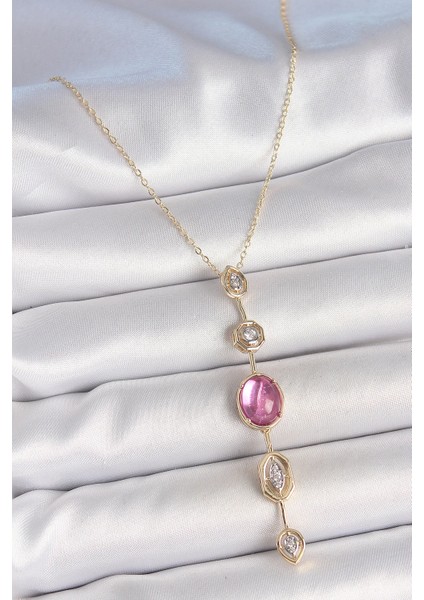 Pirinç Zincir Gold Renk Pembe Zirkon Taşlı Y Kolye - TJ-BKO10228