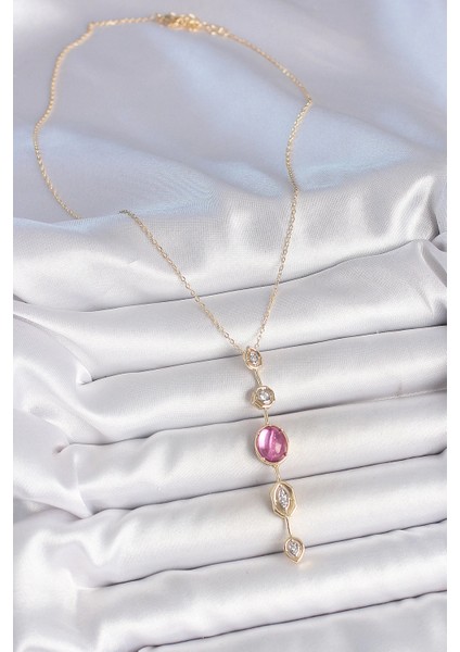 Pirinç Zincir Gold Renk Pembe Zirkon Taşlı Y Kolye - TJ-BKO10228 fiyatları