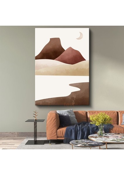 Hilal Işığı - Kahverengi Dağ Siluetleri Minimalist Kanvas Tablo