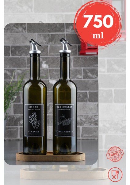 Marasca 750 ml Ahşap Stantlı Nar Ekşisi ve Sirke Şişesi Cam Yağdanlık Sosluk Seti Siyah Etiketli