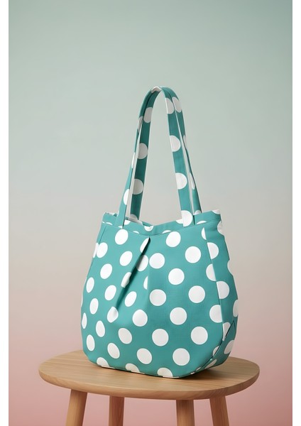 Su Yeşili Çok Amaçlı Premium Oversize Puantiyeli Orta Boy Kanvas Kadın El ve Omuz Çantası